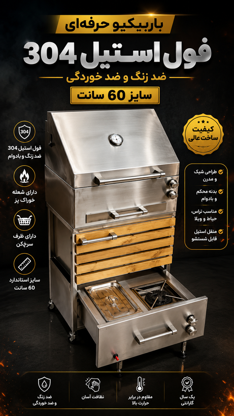 کباب پز تمام استیل کشویی با پلوپز وسرخکن سایز ۶۰ سانتی